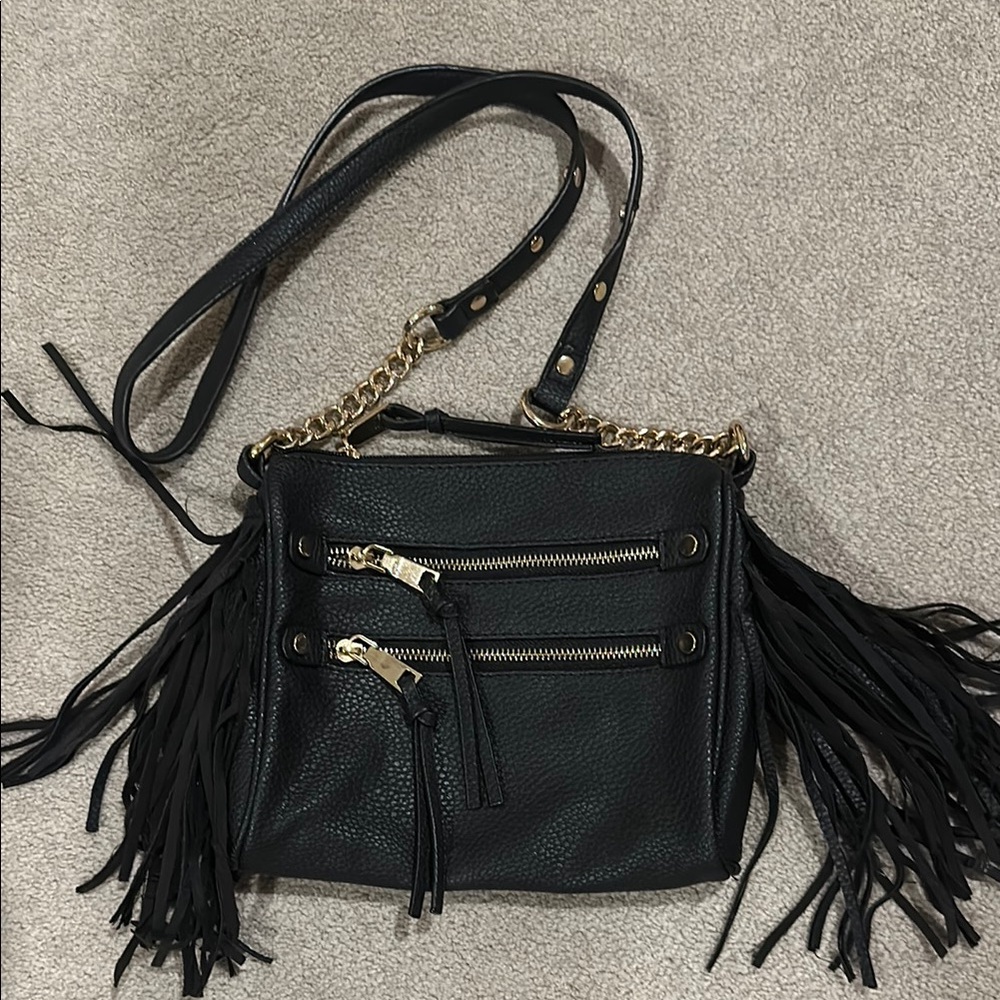 Faux Leather Black and Gold Fringe Crossbody Bag Purse